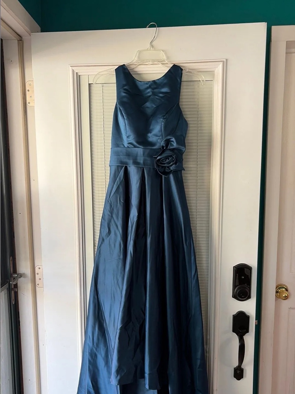 Elegant navy Satin A-Line Dress with Waist Flower